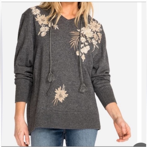 Johnny Was size small Miriam gray cashmere hoodie. Gray with tan embroidery - Picture 1 of 16